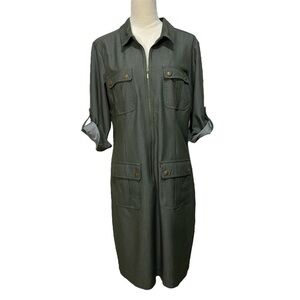Sharagano Dark Green Short Sleeve Front Zip Casual Shirt Dress Size 16